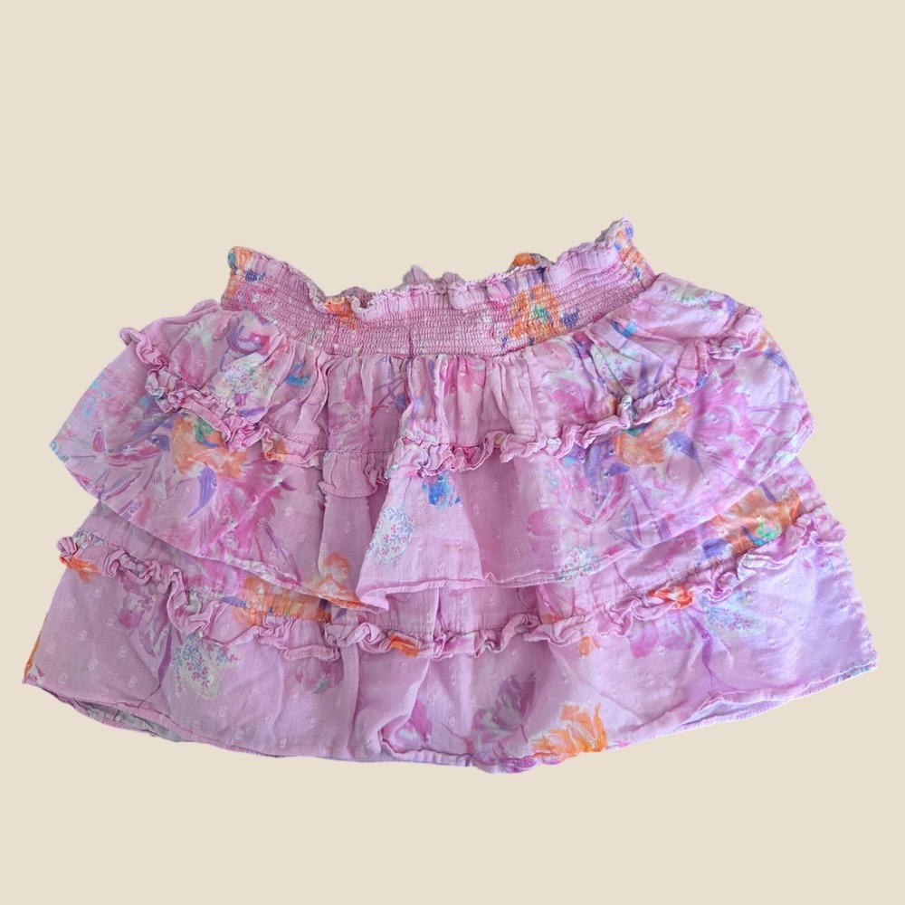LoveShackFancy Girls Pink Floral Tiered Ruffle Skirt Size 7-8Y Cotton Smocked